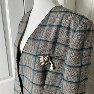 Vintage Oversized Grid Pattern Wool Blazer w/ Handmade Brooch, Women's Large
